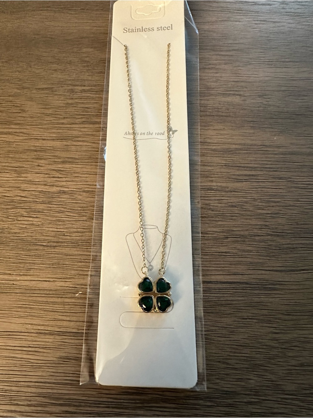 Stainless Steel Gold Necklace with Green Four-Leaf Clover Pendant